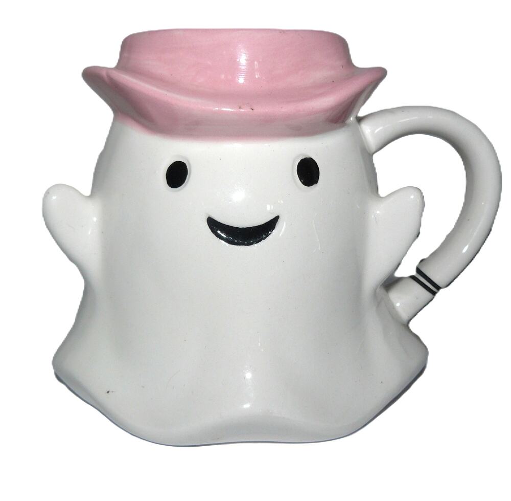 Ghost Ceramic Mug Pink Hat By Cobwebs & Cauldrons Halloween Coffee Tea Cup 12 Oz